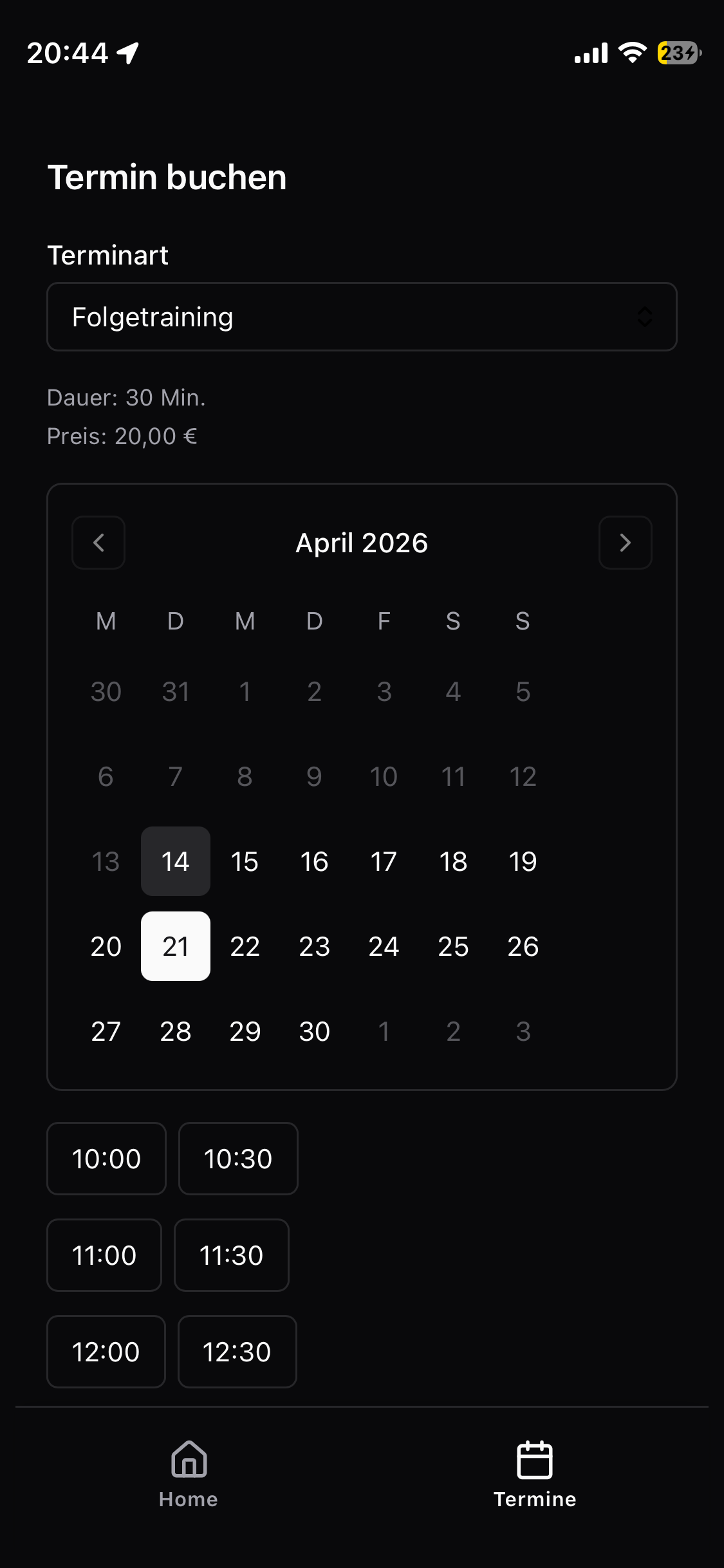 [Screenshot: Kunden-App -- Dashboard mit Buchungsansicht und Studio-Branding]