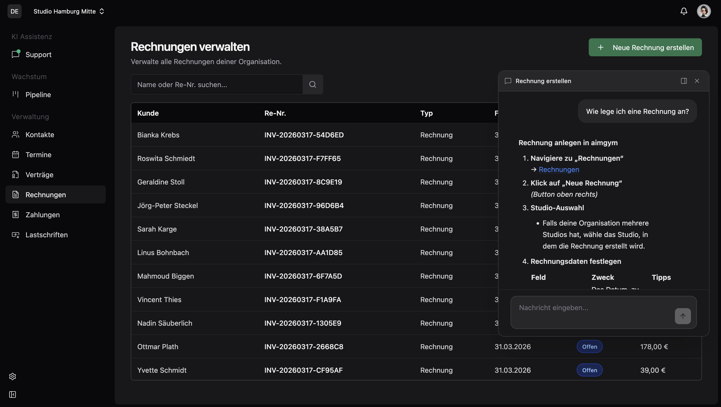 [Screenshot: Support-Assistent -- Chat mit Workflow-Erklärung]